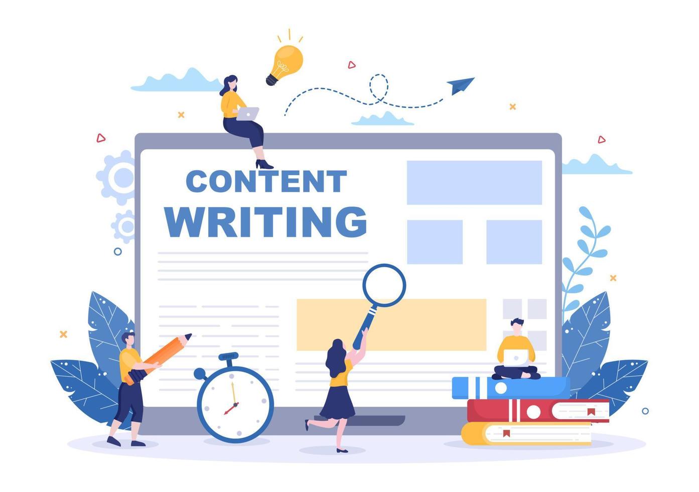 content writer or journalist background illustration for copy writing research development idea and novel or book script in flat style vector